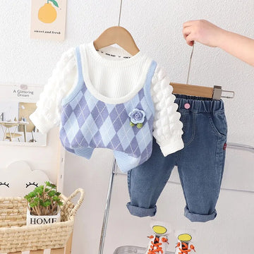 Baby Girls Chic 3Pc Knitted Tank-Top Vest ,Puff Sleeve Shirt and Jeans Set.